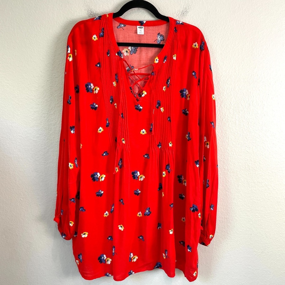 Old Navy Womens Plus XXL Red Floral Lace Up Blouse Pleated Front Shirt Top